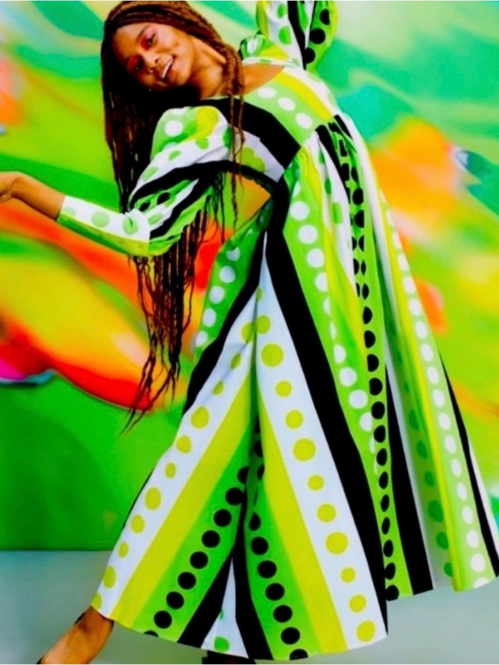 Christopher John Rogers Lime, Black & White Polka-Stripe Maxi Dress